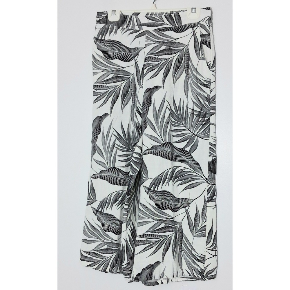 Tahari Pants Womens Large Black White 100% Linen Wide Leg Pull On Lounge Pre-own